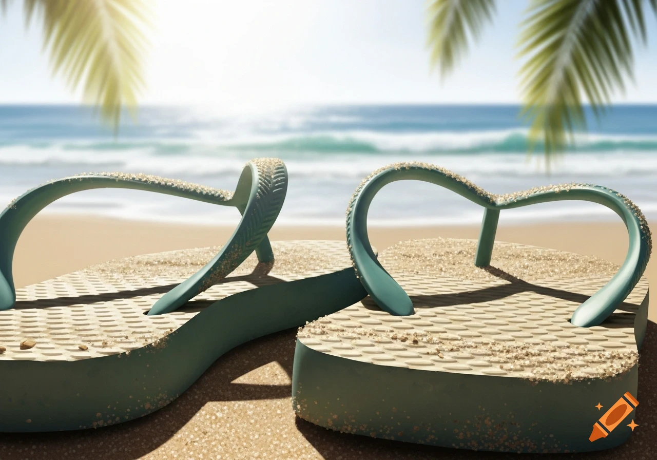A pair of teal flip-flops covered in sand on a sunny beach, with the ocean and sky in the background.
