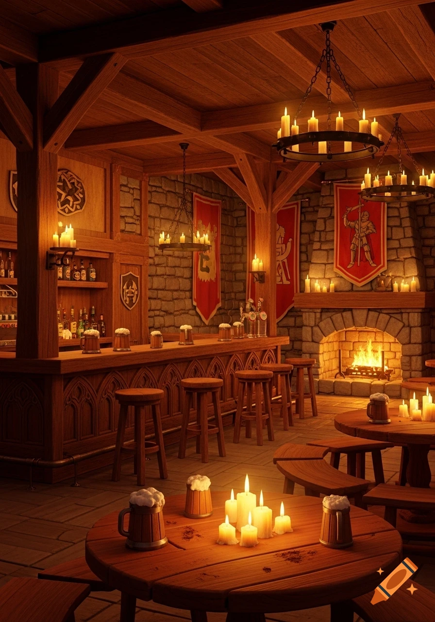 A warmly lit fantasy tavern interior with wooden beams, stone walls, and candles on tables and chandeliers, featuring a bar with stools and a fireplace.