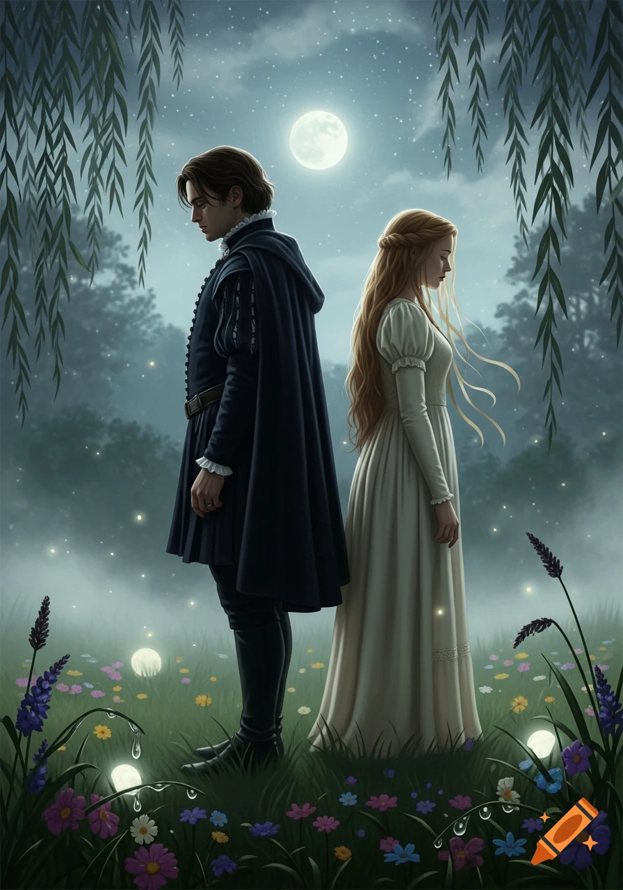 A man and woman in historical attire stand back-to-back in a moonlit, misty field with flowers and glowing orbs.