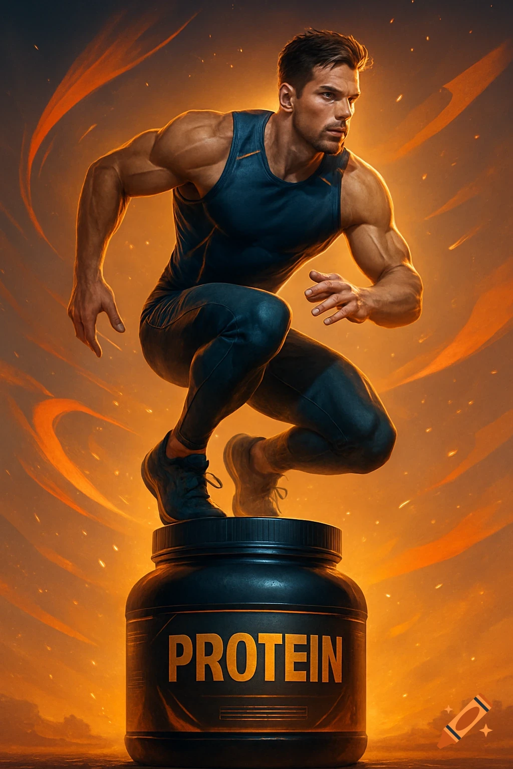 A muscular man in athletic wear squats atop a black protein powder jar with 'PROTEIN' written on it, against an orange, fiery background.