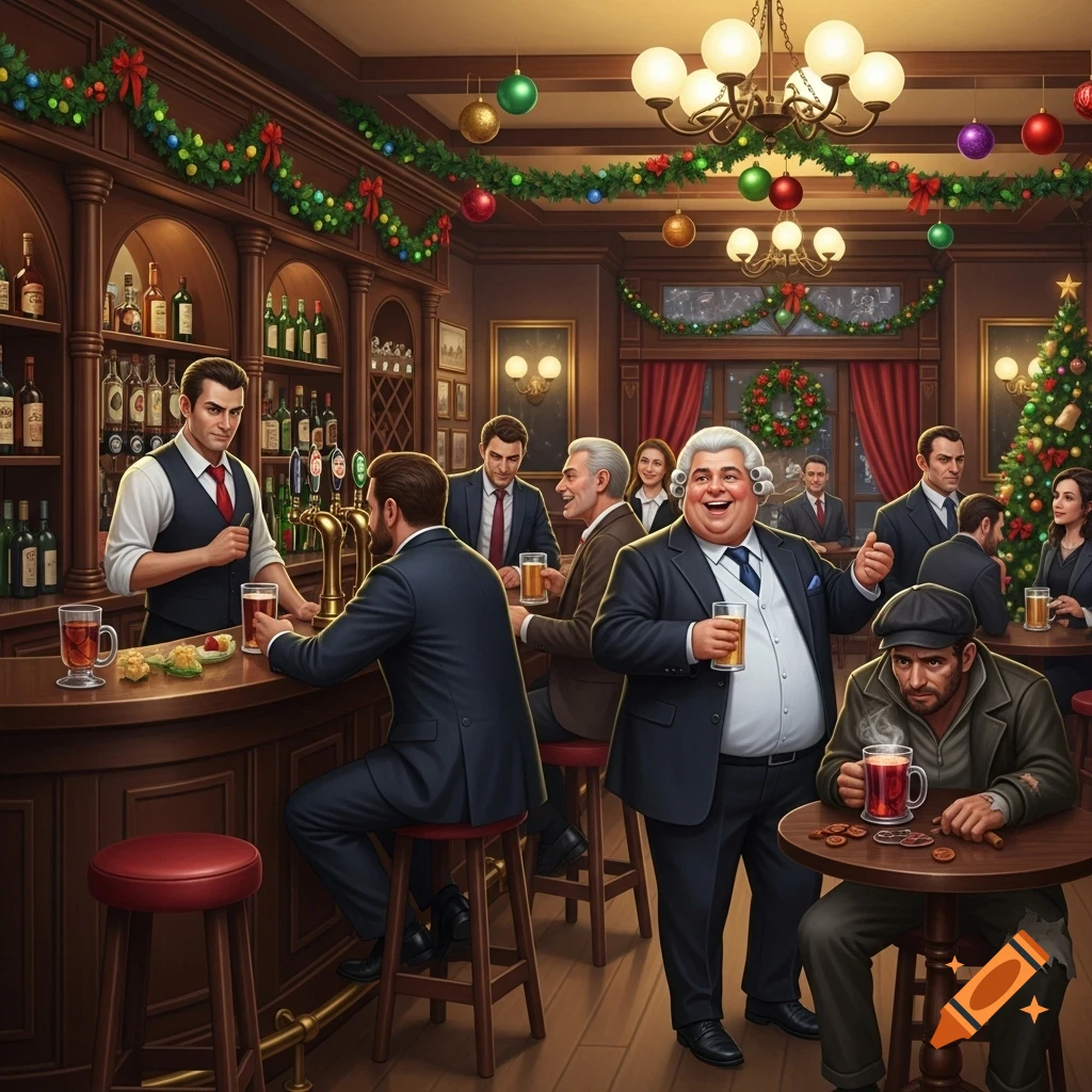 A lively, detailed illustration of a Christmas-decorated pub with a bartender, patrons socializing and drinking, including a jovial man in a white wig and a homeless man with a hot drink.