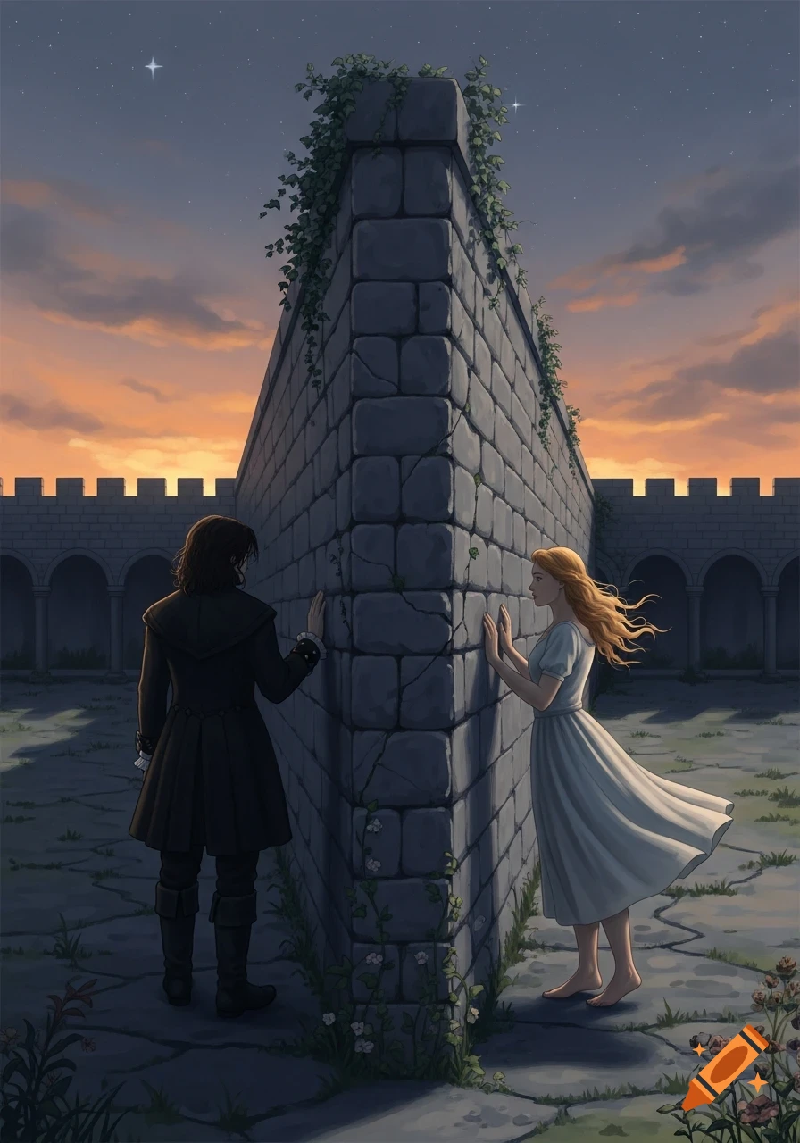 A man and a woman stand on opposite sides of a tall stone castle wall at sunset, reaching out to touch the stone.