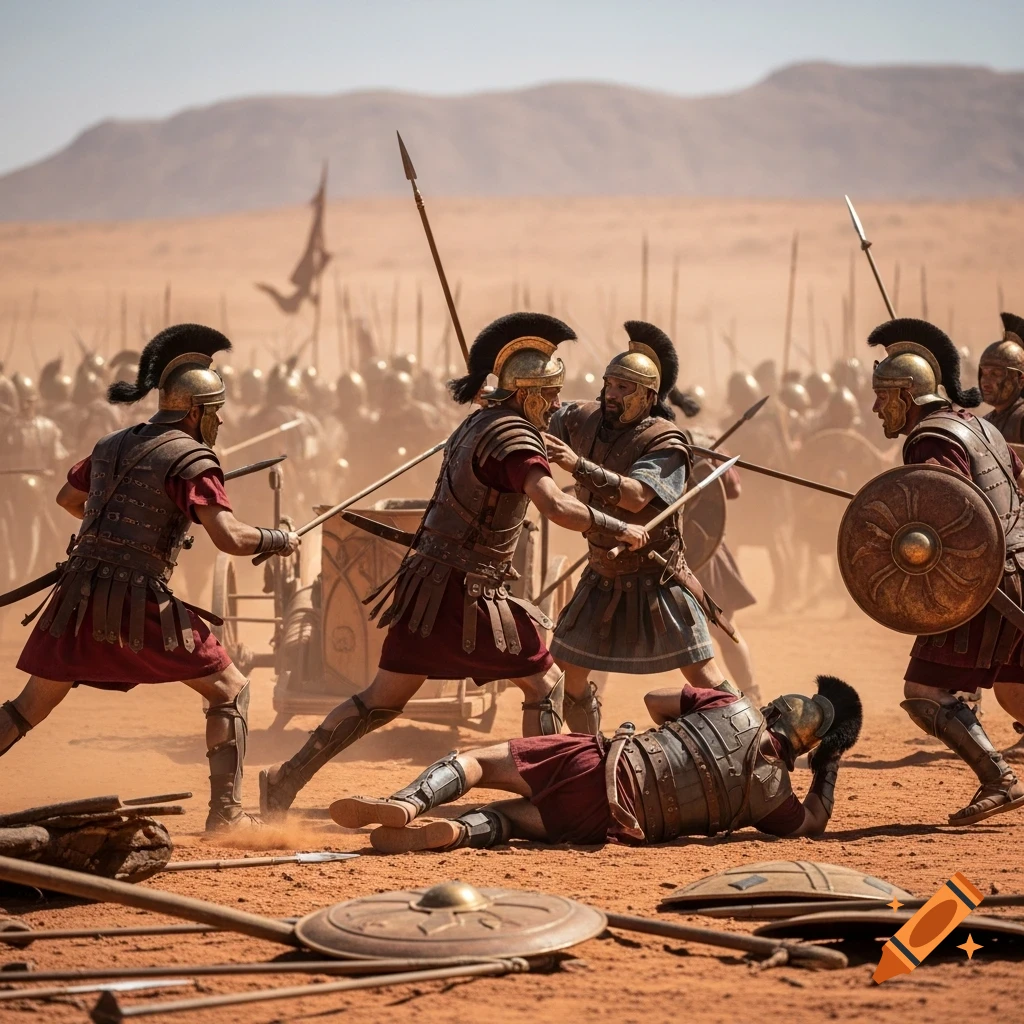 Ancient soldiers in bronze armor battle fiercely in a dusty desert, one warrior lies fallen.