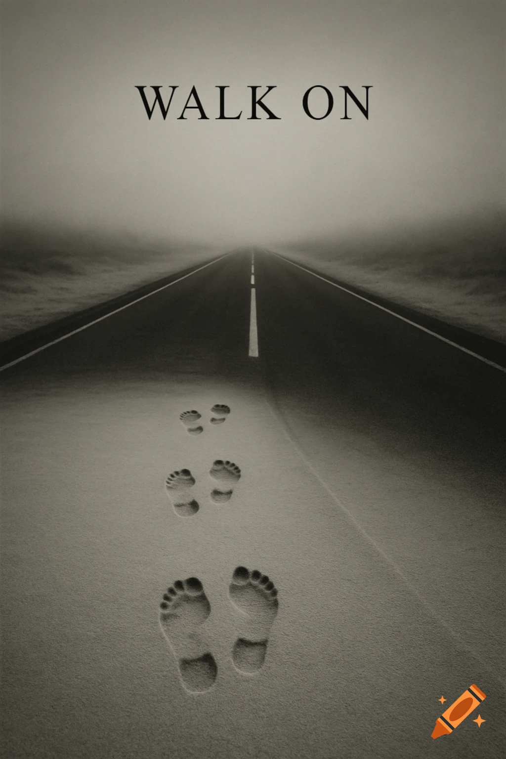 Monochromatic image of a misty road with footprints in sand leading into the distance, with 'WALK ON' text.