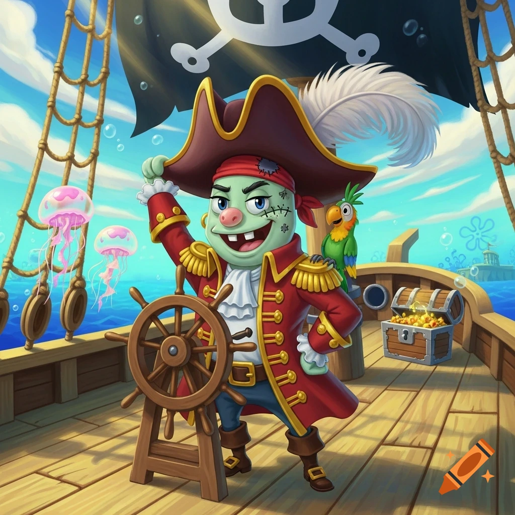 A cartoon zombie-like pirate with a red coat and feathered hat stands at a ship's helm, with a parrot and treasure chest on deck.