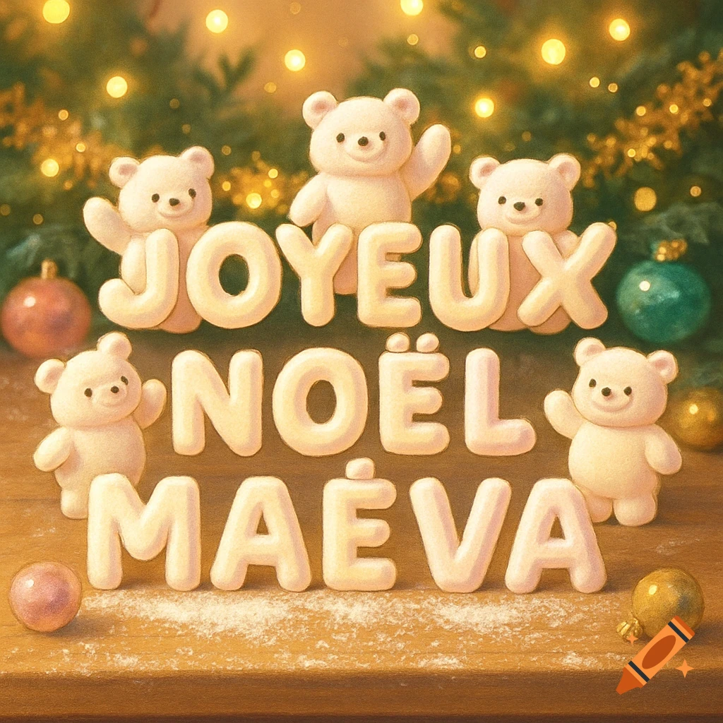 Cute marshmallow bears and cookie letters spelling 'JOYEUX NOËL MAÉVA' on a wooden table with blurry Christmas lights.