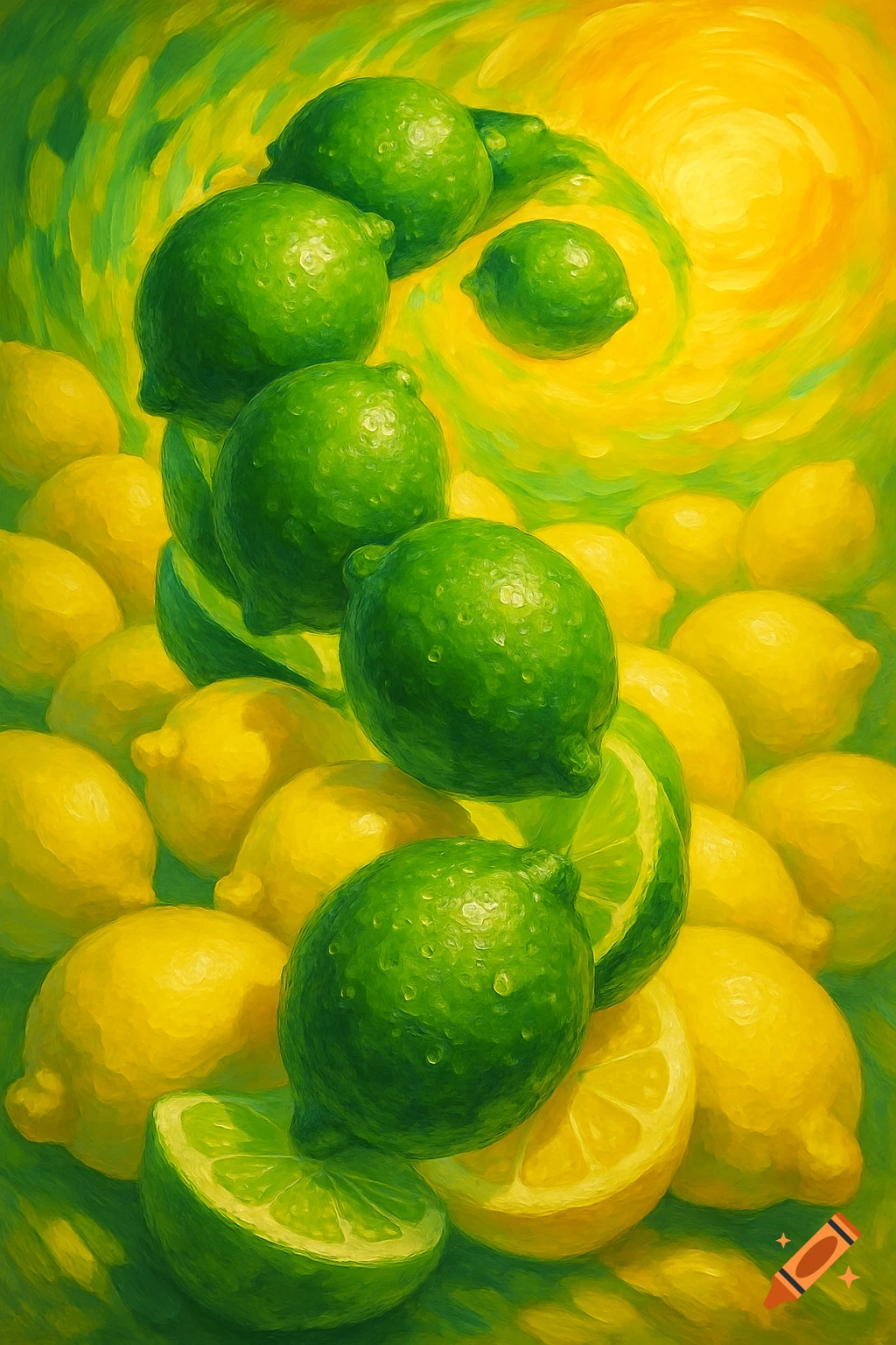 Vibrant painterly image of green limes spiraling amongst yellow lemons, with some limes cut in half.