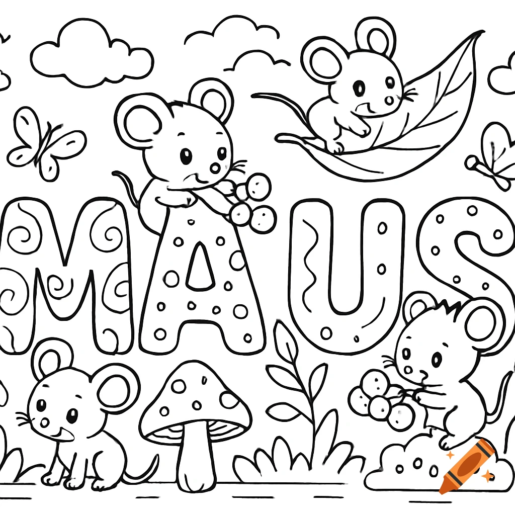 Black and white coloring page with cartoon mice, butterflies, mushrooms, and the prominent word 'MAUS'.
