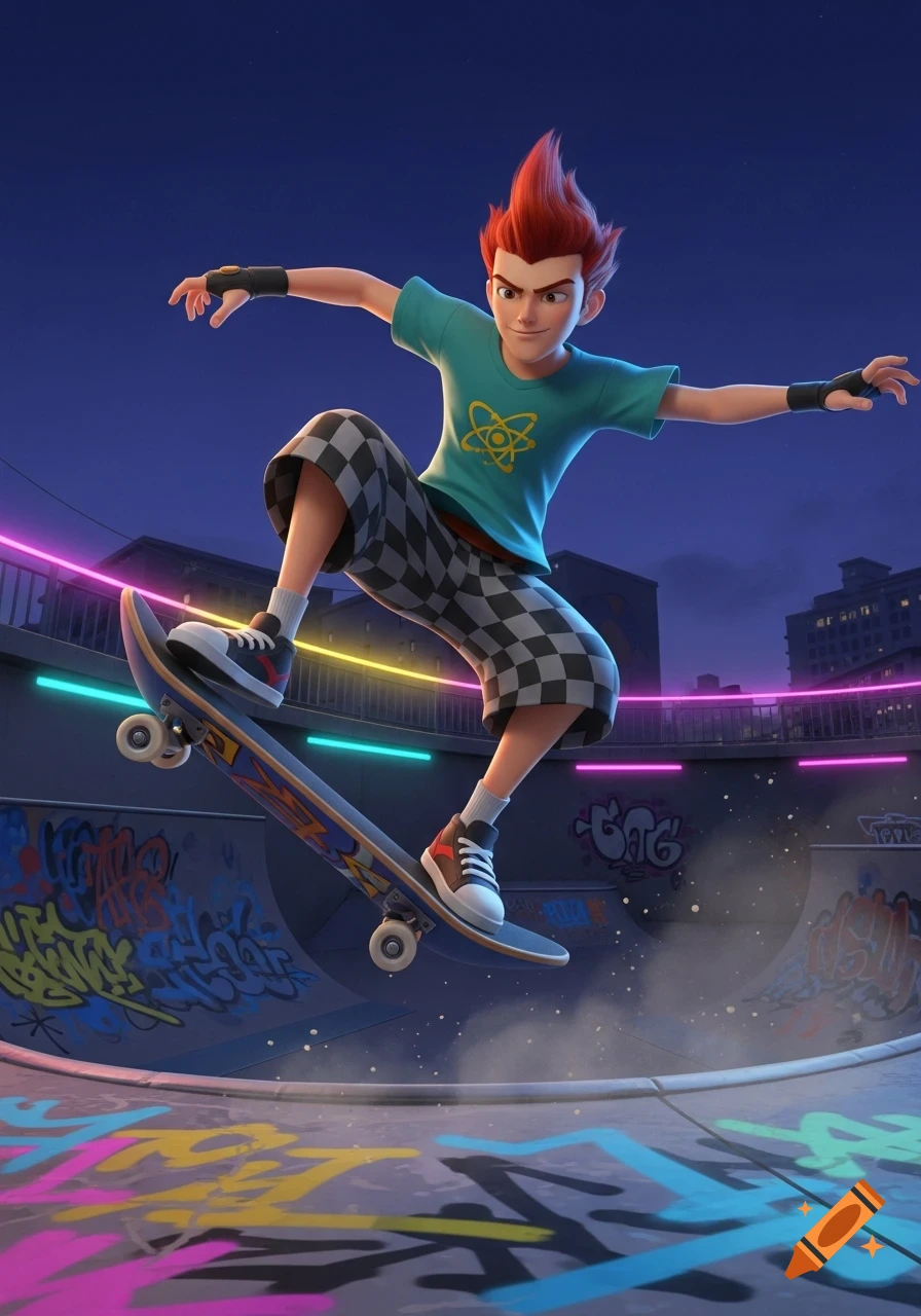 A cartoon boy with spiky red hair performs an ollie on a skateboard in a neon-lit skate park at night, with graffiti on ramps.
