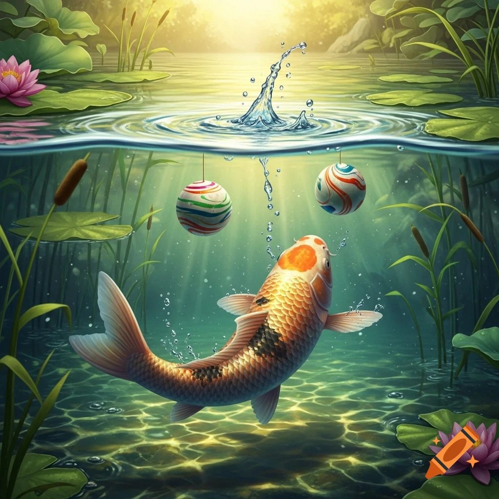Photorealistic koi fish swims in a sunny pond with two colorful decorative balls, lily pads, and reeds.