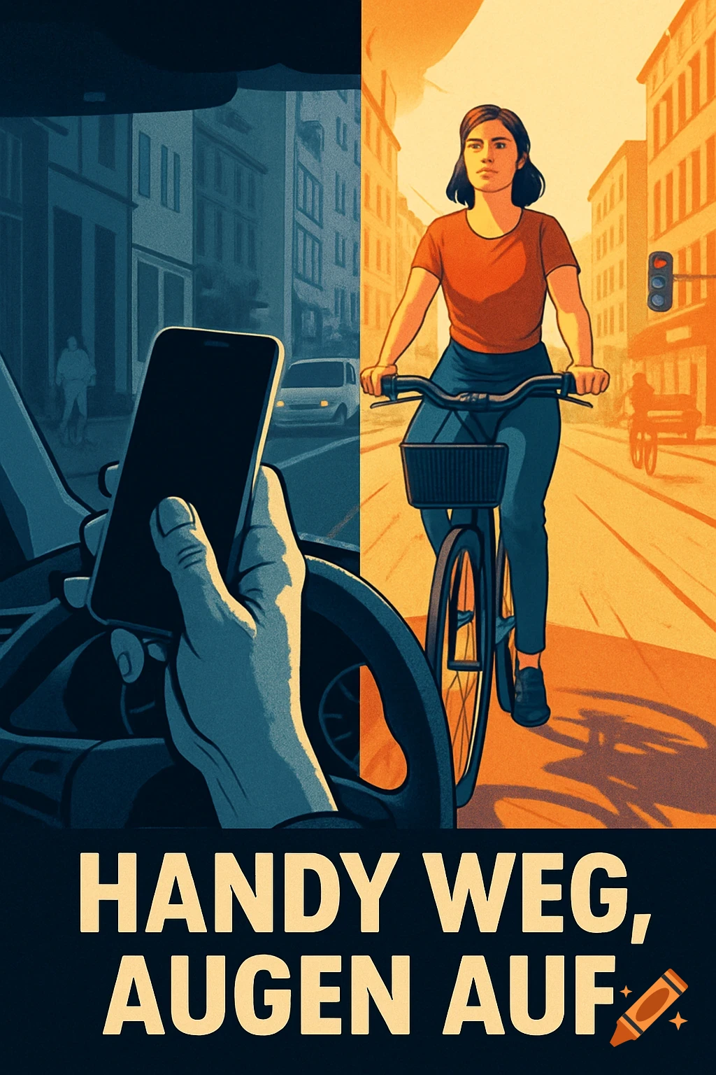 A poster with a split scene. On the left, a hand holds a phone inside a car looking at a dark street. On the right, a woman cycles on a sunny street. Text at bottom reads "HANDY WEG, AUGEN AUF".