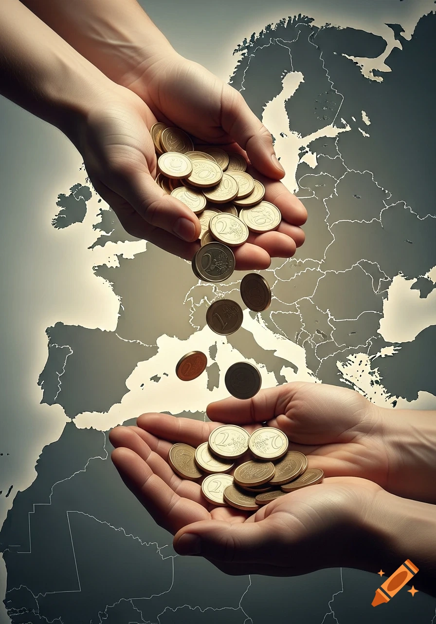 Hands exchanging gold coins over a blurred map of Europe.