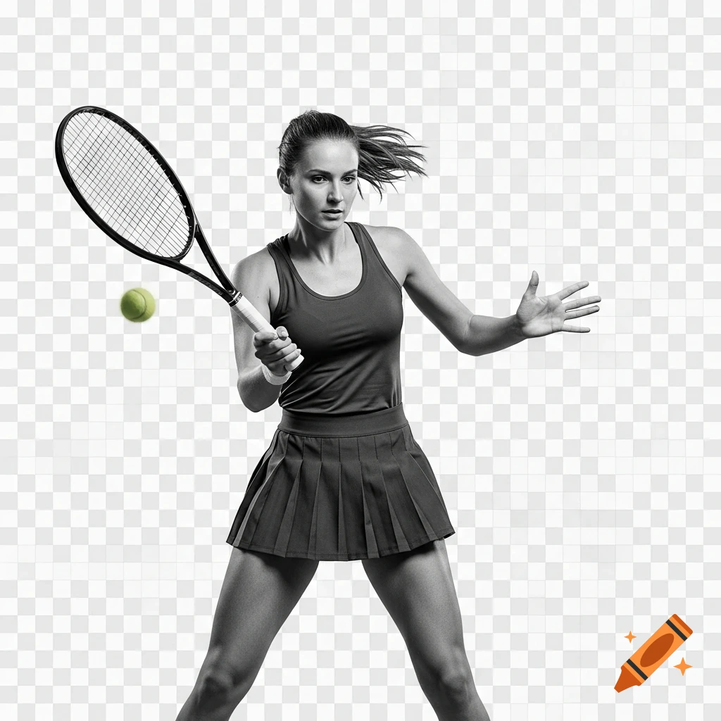 Photorealistic black and white image of a female tennis player swinging a racket at a tennis ball on a transparent background.
