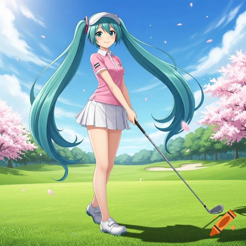 Hatsune Miku in a pink polo shirt and white skirt, holding a golf club on a green course with cherry blossom trees under a blue sky.