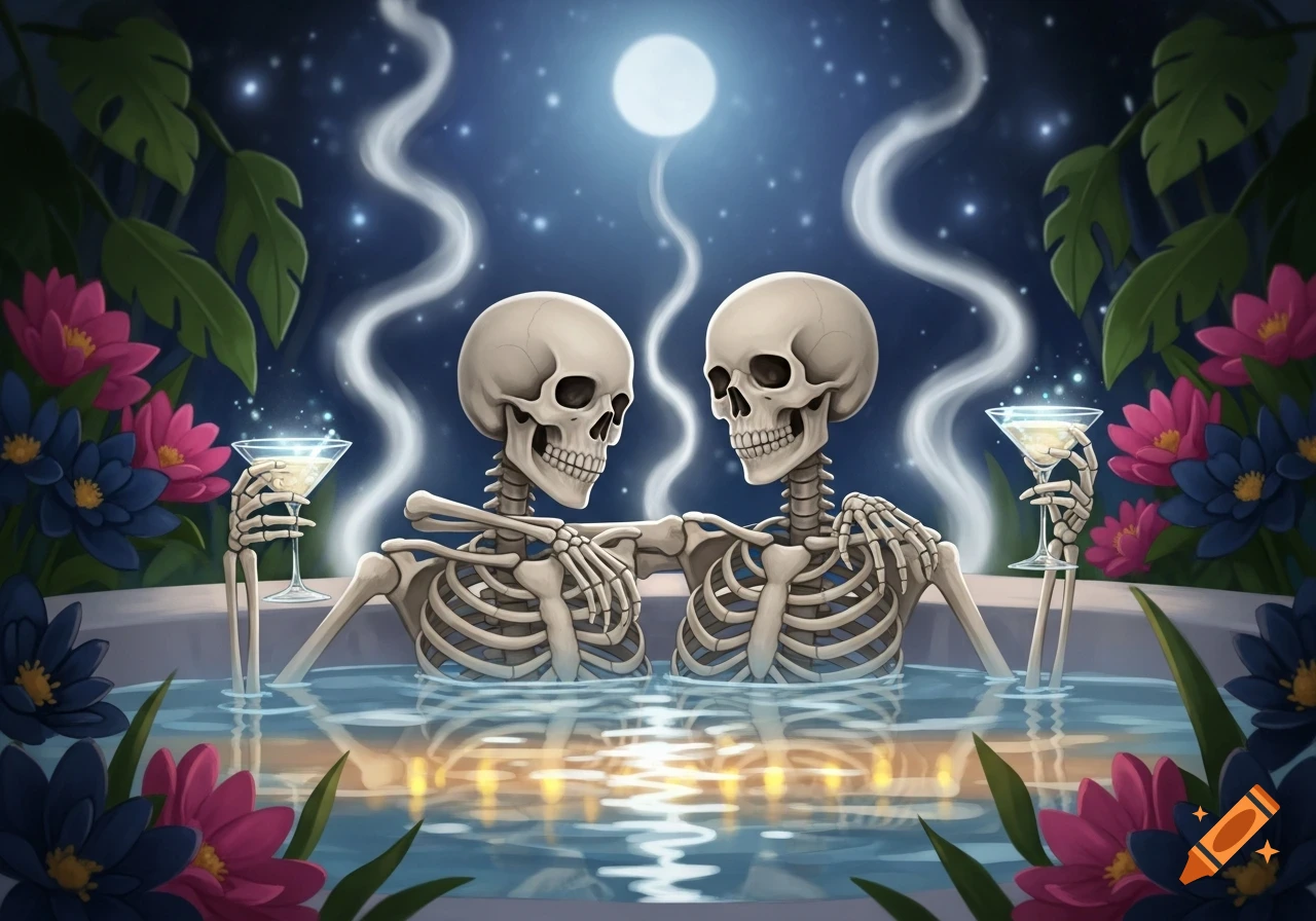 Two cartoon skeletons relax in a hot tub at night, holding cocktails under a full moon, surrounded by exotic flowers and plants.