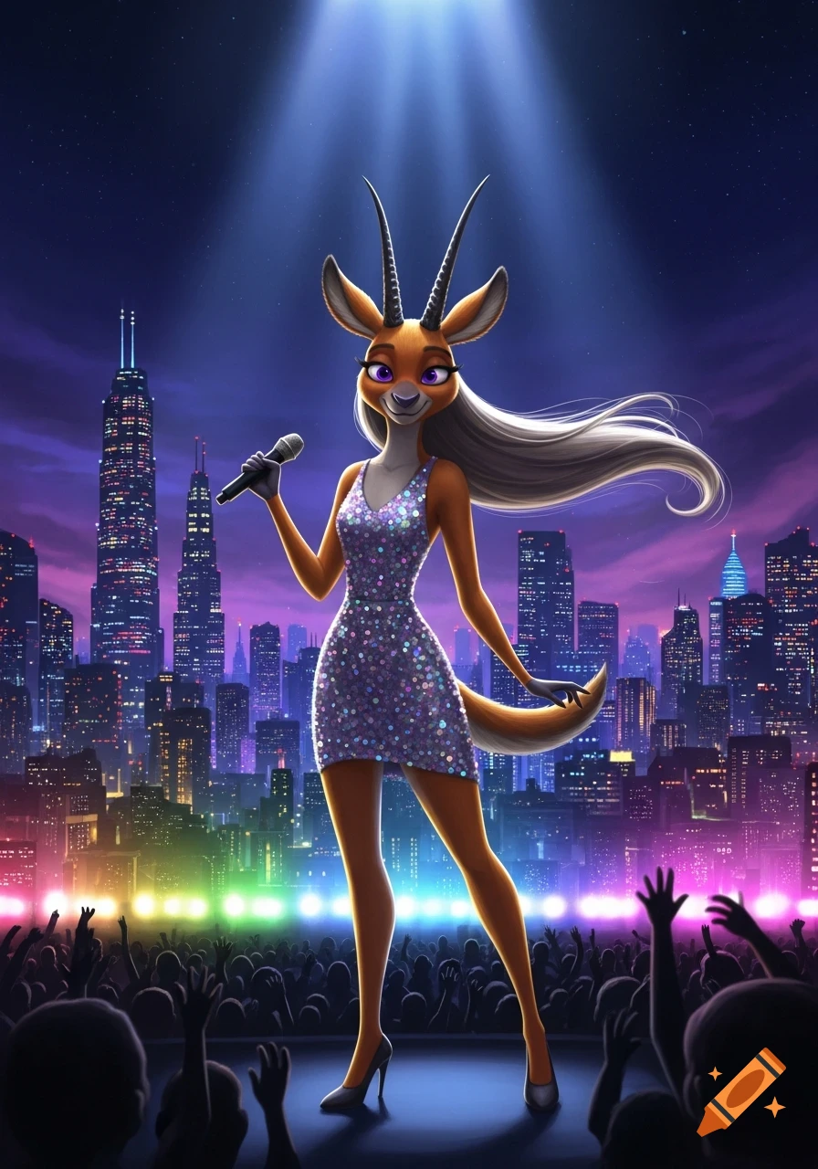 An animated gazelle in a sparkly dress sings on stage, holding a microphone, with a city skyline and cheering crowd in the background.