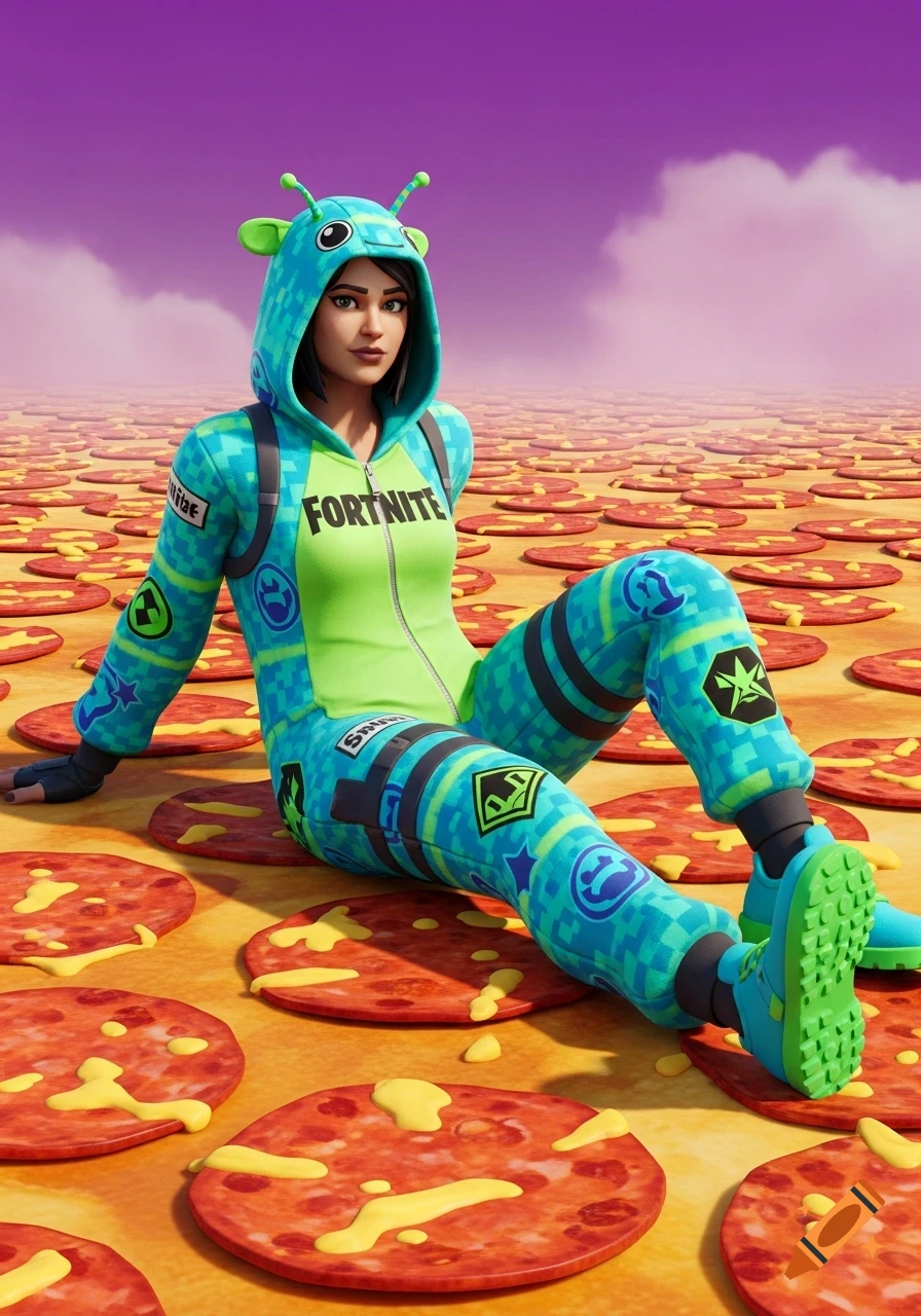 A Fortnite character in a blue and green caterpillar-like onesie sits on a vast field of pepperoni pizzas under a purple sky.
