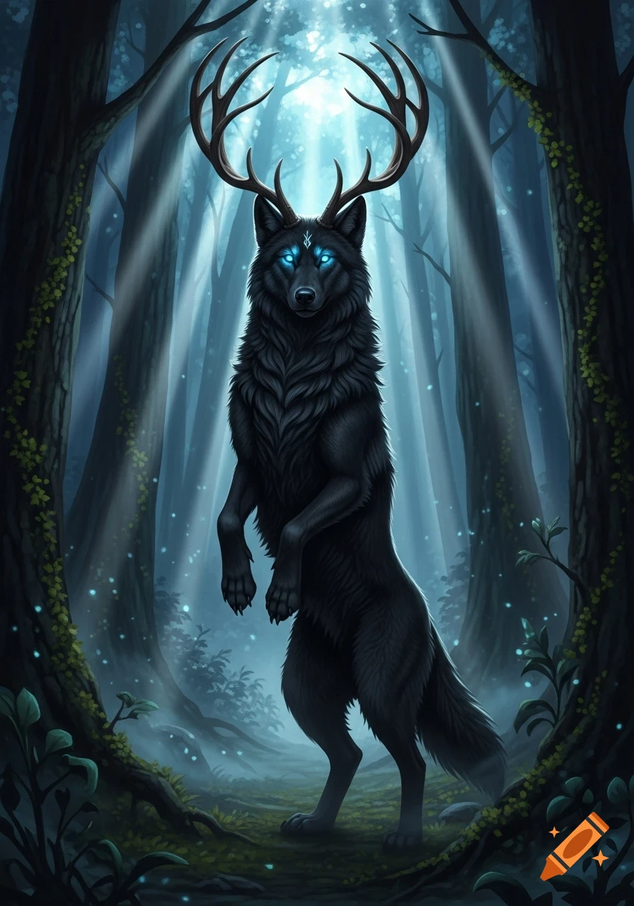 A majestic black wolf with glowing blue eyes and deer antlers stands on ...