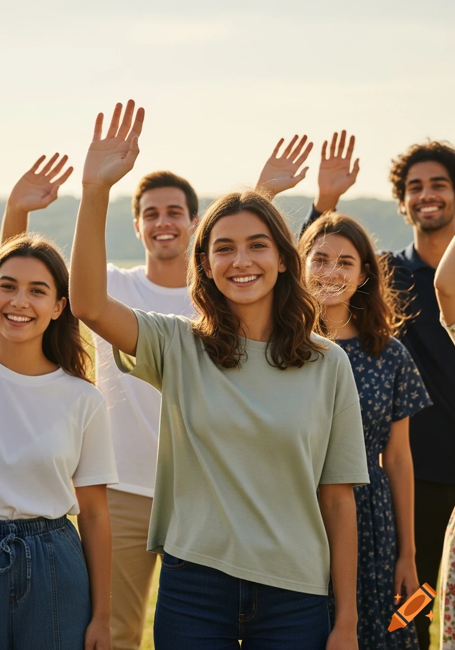 A group of smiling young people wave towards the camera in an outdoor setting.