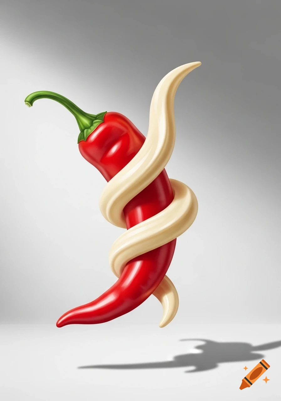 A vibrant red chili pepper with a creamy white sauce twirling around it, set against a simple light background in a photorealistic style.