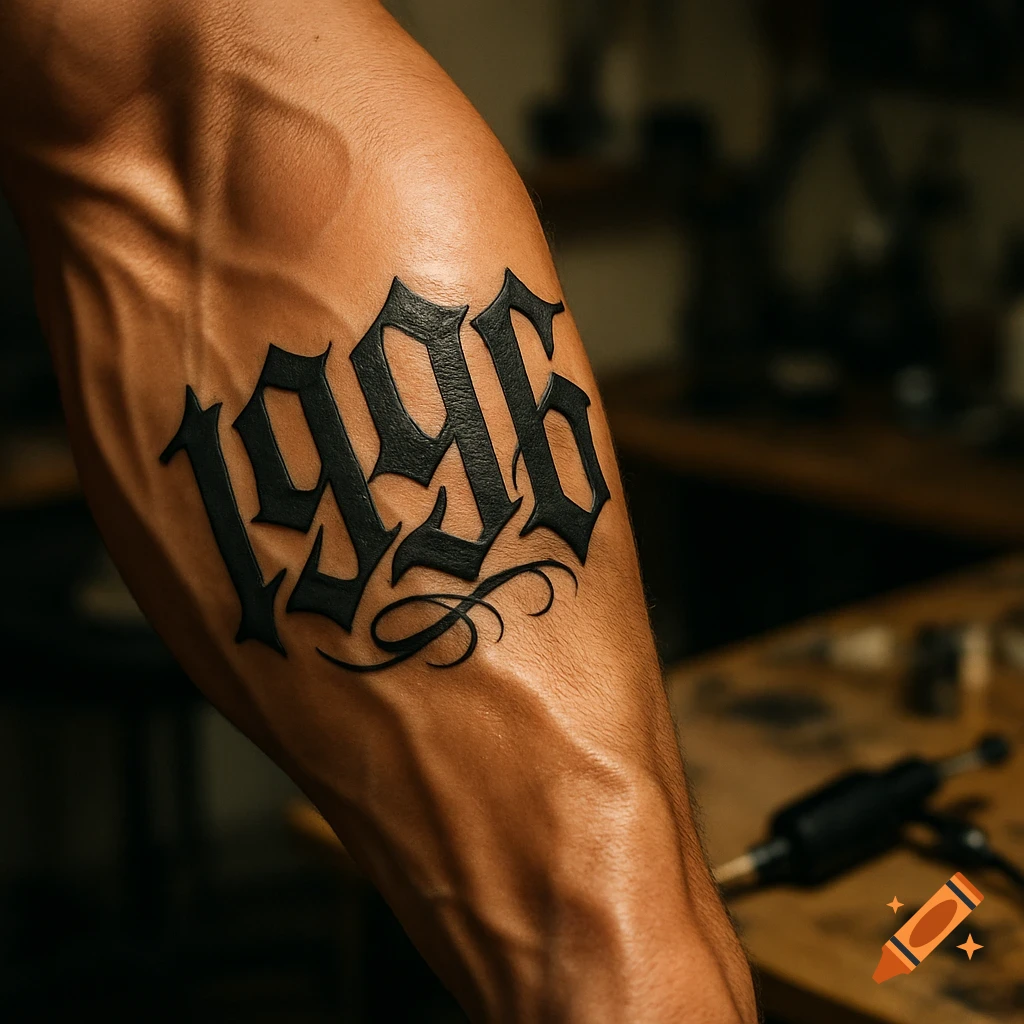 Close-up of a muscular forearm with a detailed black tattoo of the year "1996" in a Gothic script.