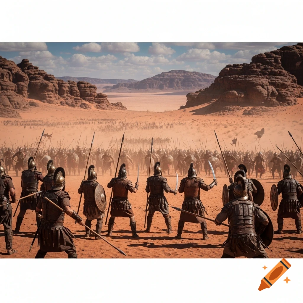 Photorealistic image of ancient soldiers in a desert battlefield, facing a vast opposing army under a cloudy sky.