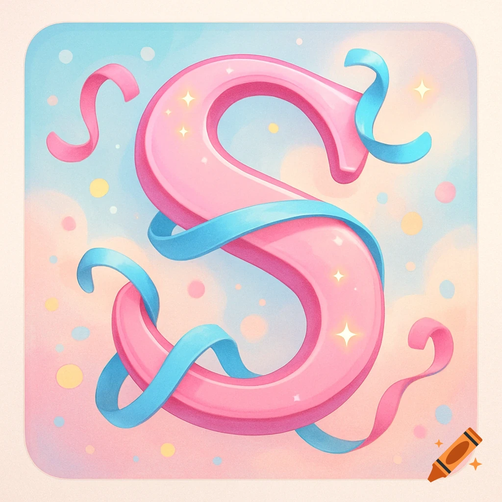 A stylized pink letter S wrapped with blue ribbons, surrounded by sparkles and colorful dots on a soft pastel background, in a cute illustration style.