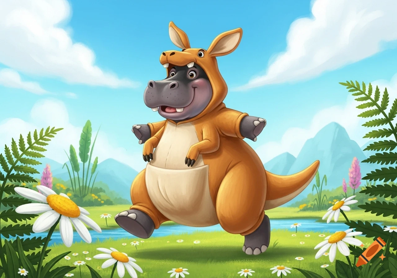 A happy cartoon hippo in a kangaroo costume hops through a vibrant green field with daisies, a river, and mountains under a blue sky.