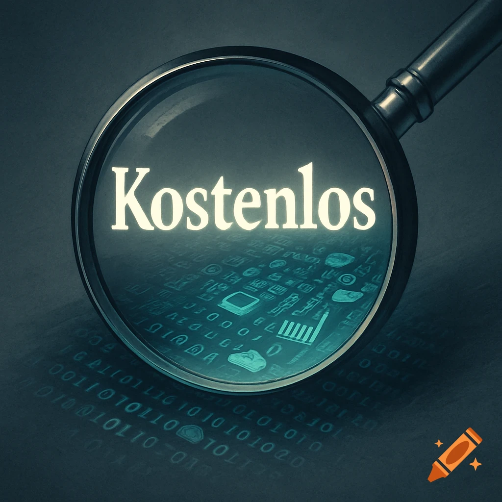 A magnifying glass illuminates the word 'Kostenlos' (Free) above glowing binary code and data icons, representing scrutiny.
