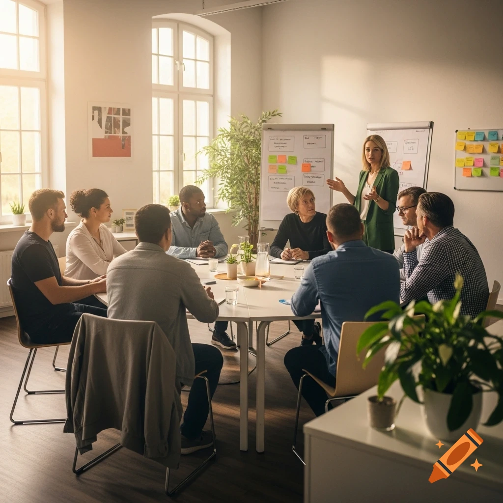 A diverse group of professionals gathers around a table in a bright modern office, listening to a woman presenting at a whiteboard.