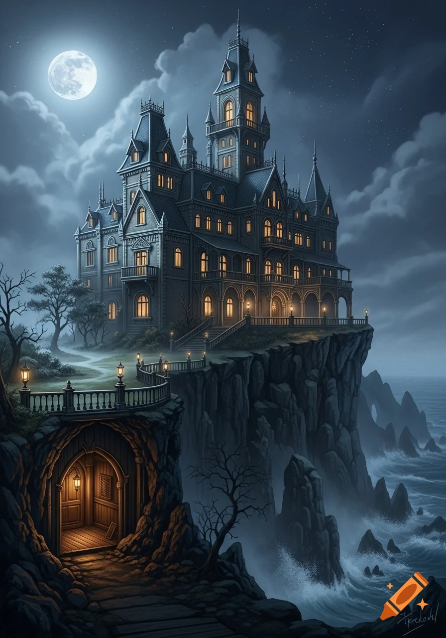 A majestic gothic mansion on a cliff overlooks a stormy sea under a full moon, with a lit cave entrance below.
