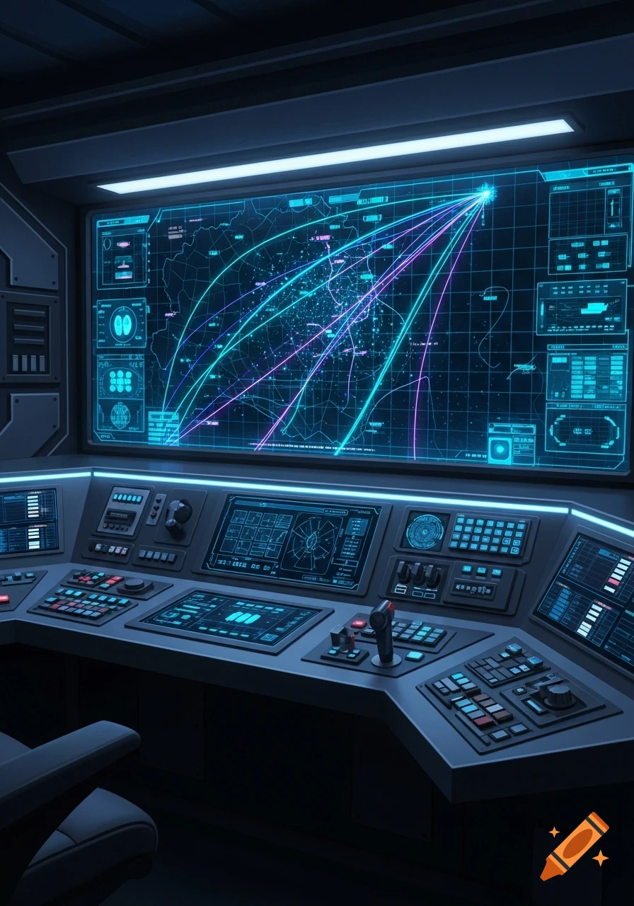 Futuristic, high-tech control room with multiple glowing blue screens displaying data, maps, and network lines, alongside a complex console with buttons and joysticks.