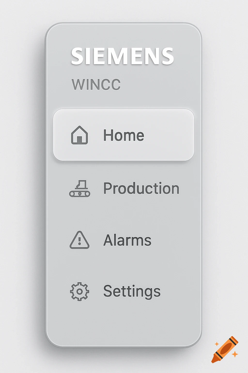 Clean, minimalistic gray side navigation menu for Siemens WinCC HMI, featuring icons for Home, Production, Alarms, and Settings.