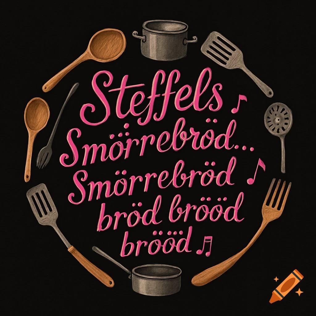 Pink script in the center says "Steffels Smörrebröd..." surrounded by a circle of kitchen utensils like wooden spoons, spatulas, pots, and a whisk, all on a black background.