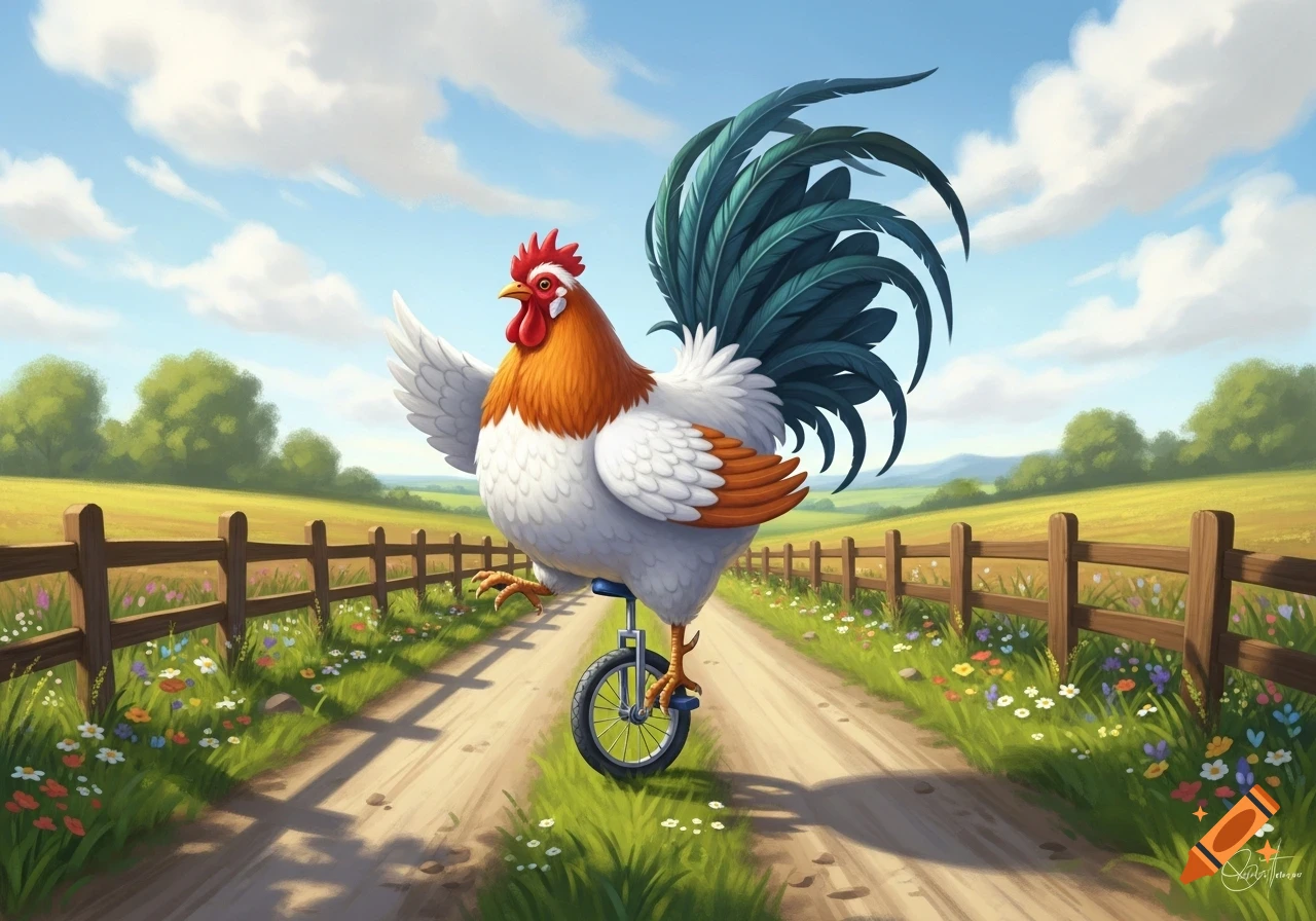 A cartoon rooster with a big tail feather rides a unicycle down a dirt path in a sunny, green countryside field.