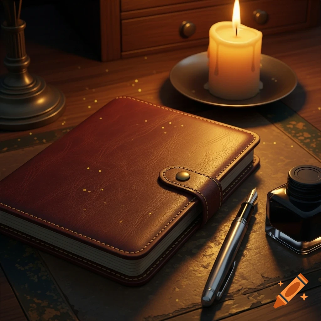 A brown leather journal, a fountain pen, and an ink bottle sit on a dark wooden desk beside a lit candle, illuminated by warm light.