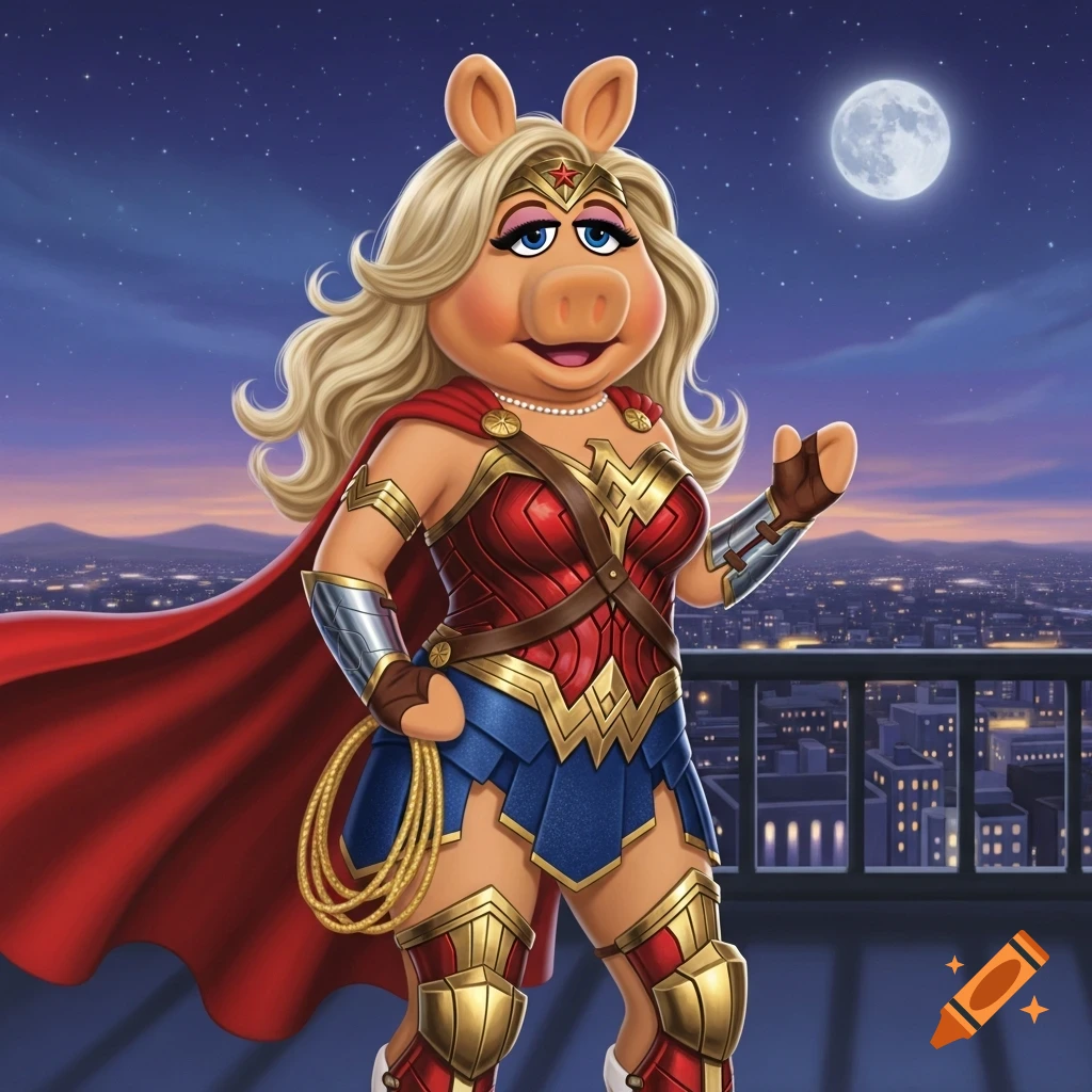 Miss Piggy, dressed as Wonder Woman, stands on a rooftop overlooking a city skyline at night with a full moon, in a vibrant cartoon style.