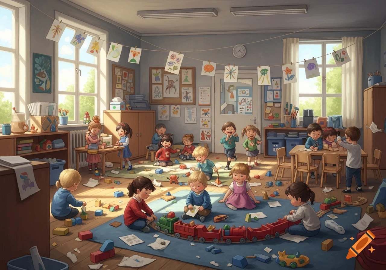 Many small children playing with toys, blocks, and a toy train in a messy kindergarten classroom with sun shining through windows.