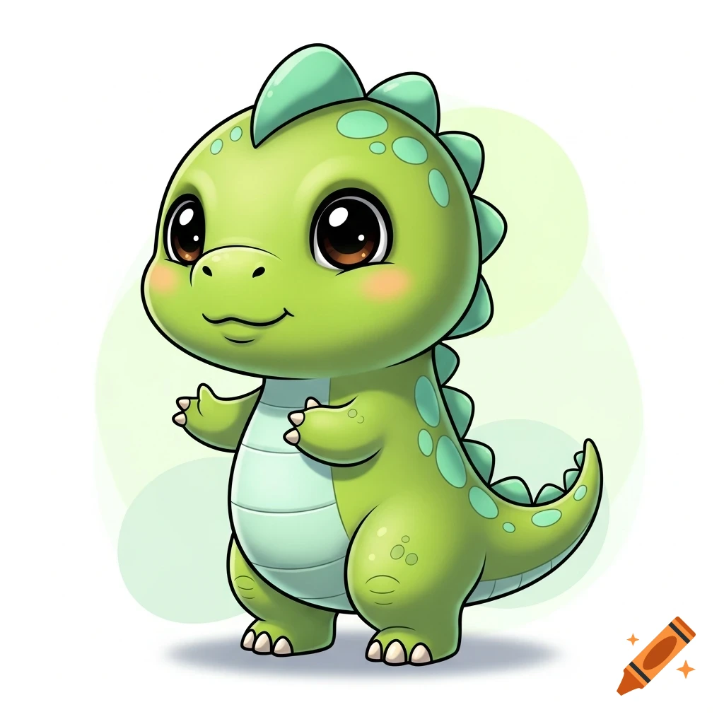 A cute small green cartoon dinosaur with big brown eyes and a friendly smile, standing against a simple white and pale green background.