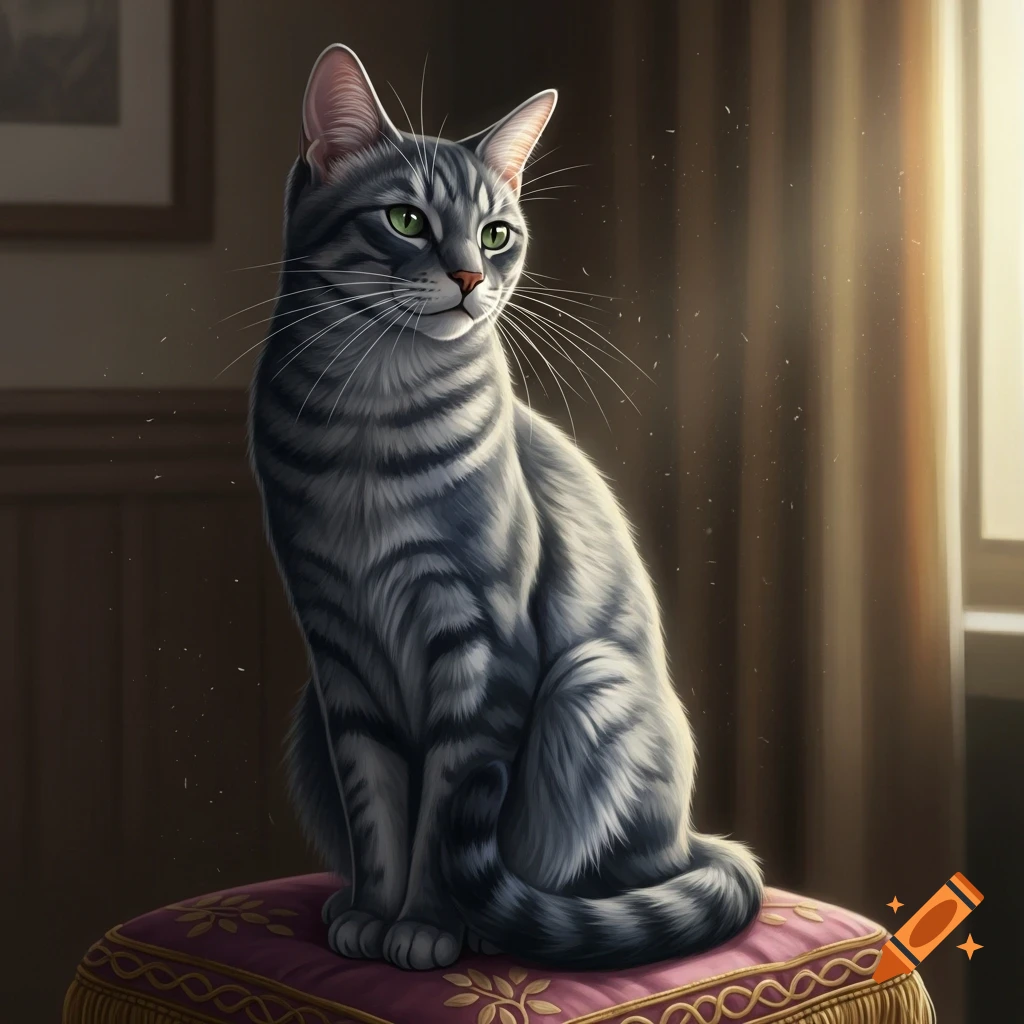 A gray tabby cat with green eyes sits alertly on a detailed red and ...