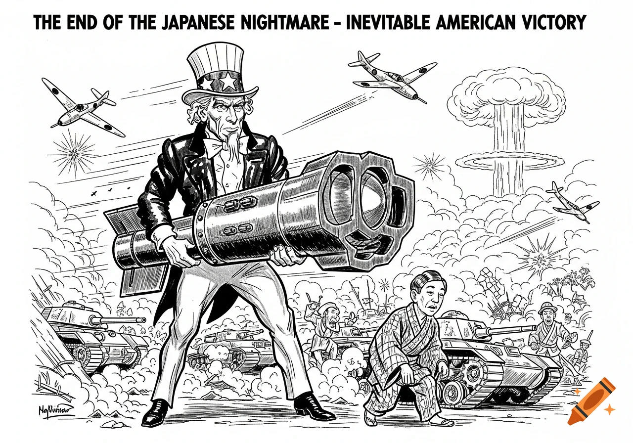 Black and white political cartoon of Uncle Sam holding a bomb, with a mushroom cloud and fleeing Japanese figures in the background.