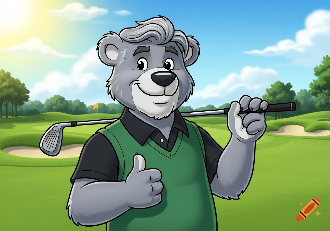 Friendly cartoon bear in a green golf vest, holding a golf club and giving a thumbs up on a sunny golf course.