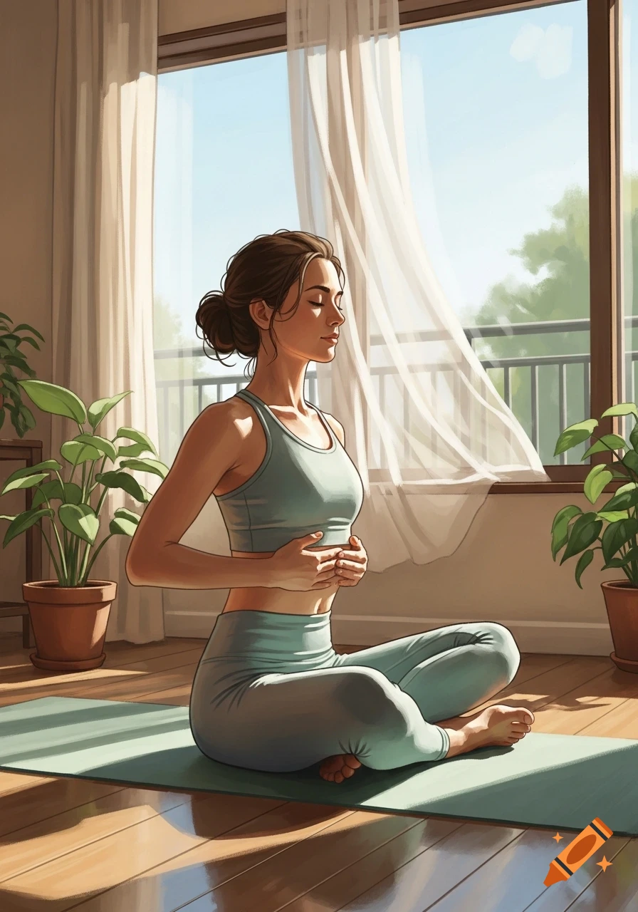 A woman in light green activewear sits cross-legged on a yoga mat, meditating with her eyes closed in a sunlit room.
