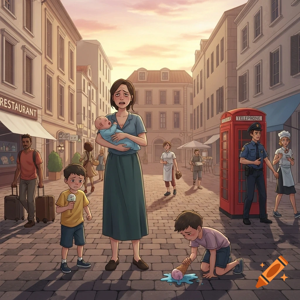 An illustration of a distressed mother holding a crying baby and a sad boy whose ice cream fell on a busy city street.