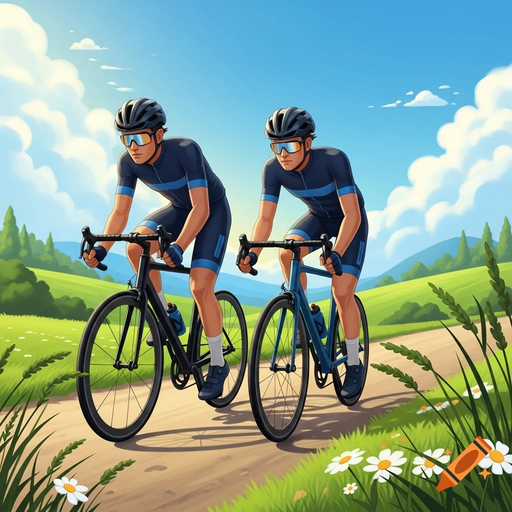 Two male cyclists in matching blue gear ride bikes on a dirt path through a sunny, green landscape with flowers.