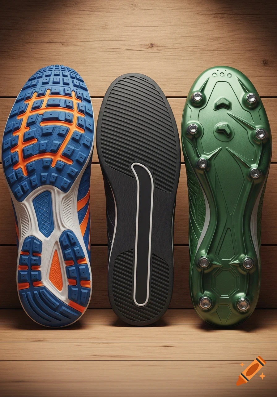 Three distinct shoe soles - blue running, black training, green cleated - displayed side-by-side on a wooden surface.