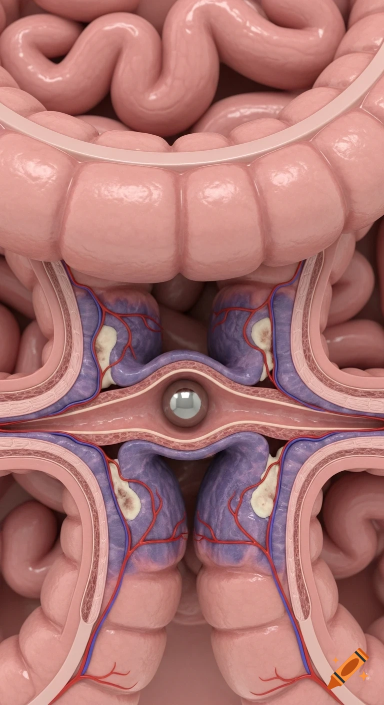 Detailed medical diagram of intestinal loops with magnetic balls causing compression, ischemia, and necrosis in a diagrammatic style.