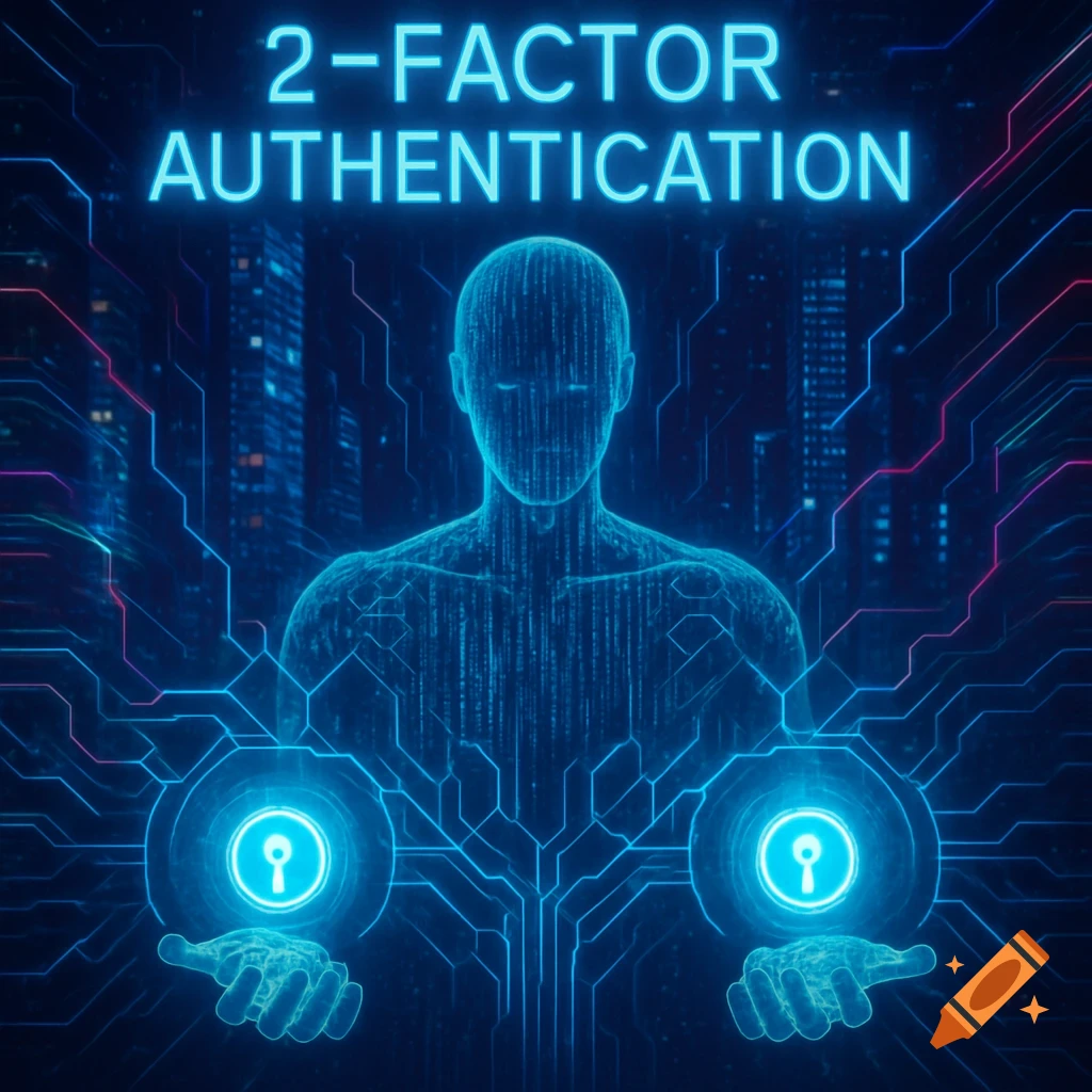 A digital blue human figure with circuitry, holding two glowing lock icons, under the neon text '2-FACTOR AUTHENTICATION' with a cityscape background.