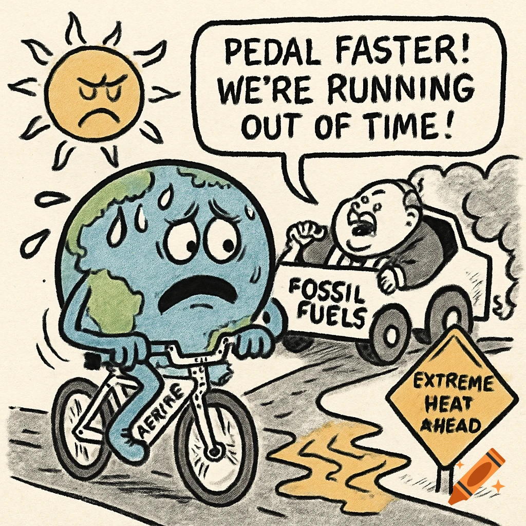 Cartoon of a sweating Earth on a bicycle, while a man in a car labeled 'Fossil Fuels' yells 'Pedal Faster!'