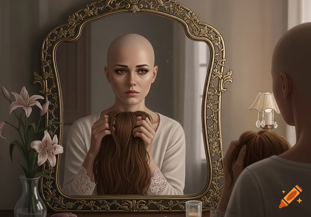 A bald woman with a tear on her cheek looks sadly into an ornate mirror, holding a brown wig. Flowers are on a table beside her in this stylized illustration.